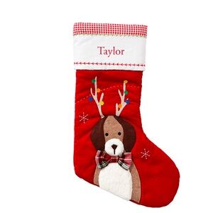Pottery Barn Kids Dog with Antlers Red Quilted Stocking